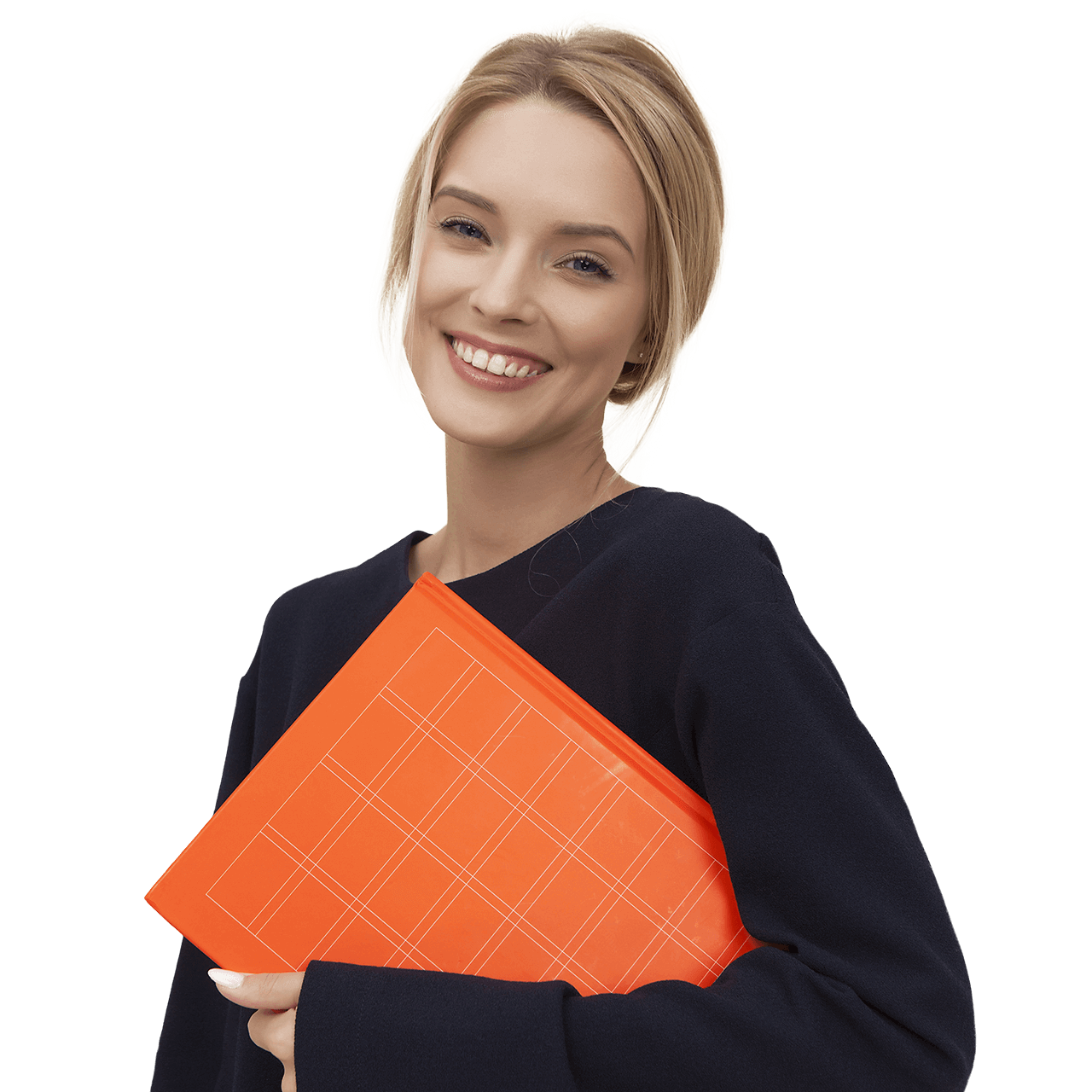 Junge Frau hält oranges Buch in den Armen